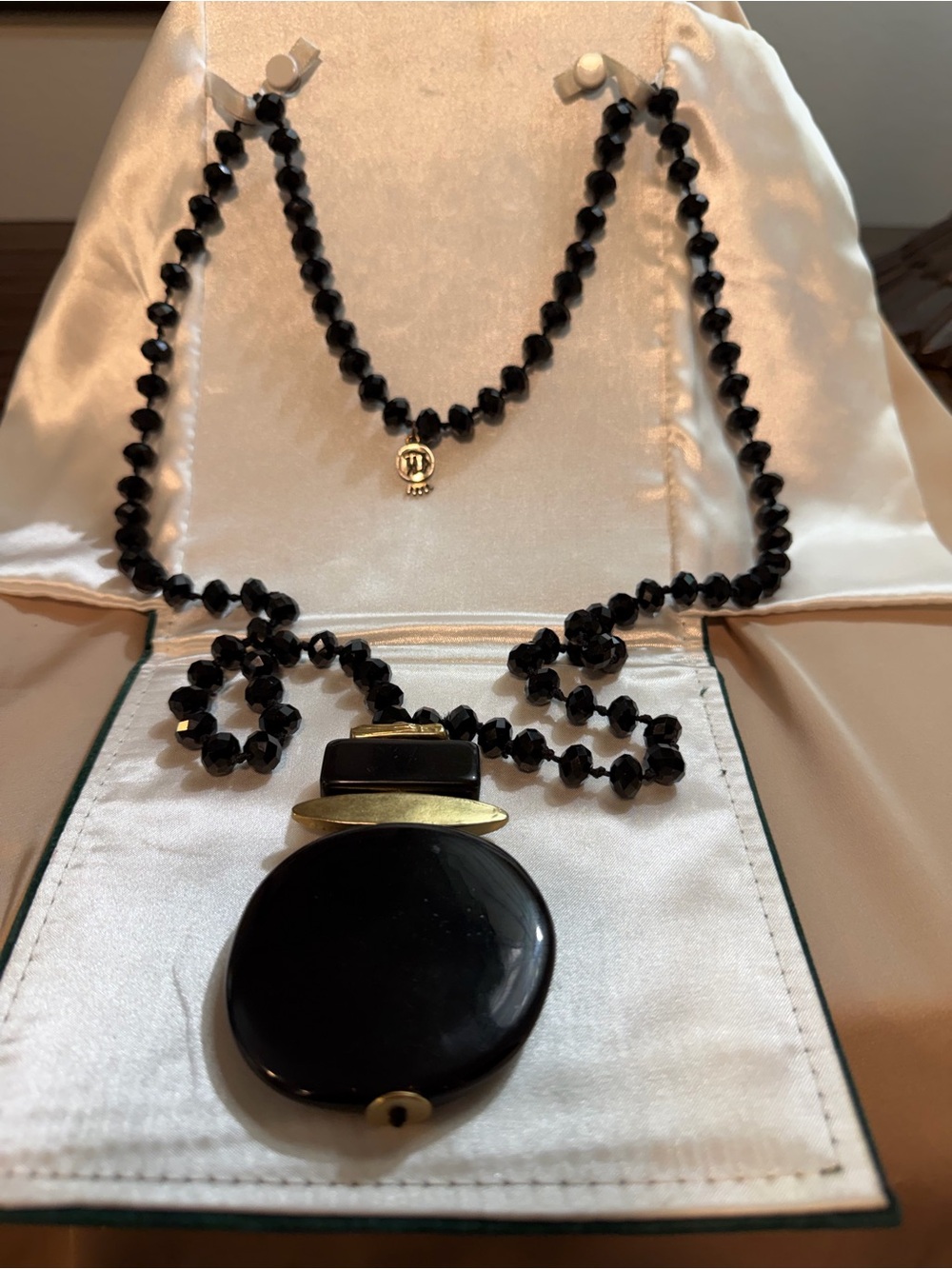 Long Black Faceted Bead Oversized Pendant Statement Necklace Gold Tone